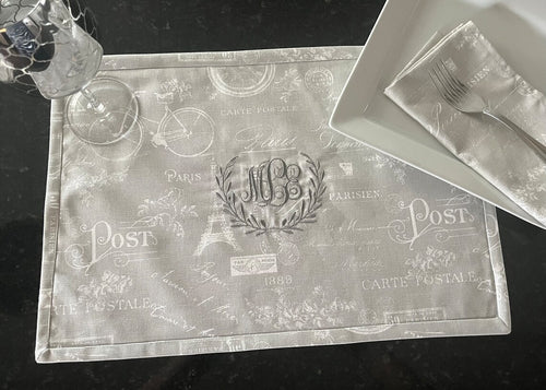Custom Monogrammed Embroidered Placemat - Premium American Cotton - Holiday Easter Passover in pretty Paris Print