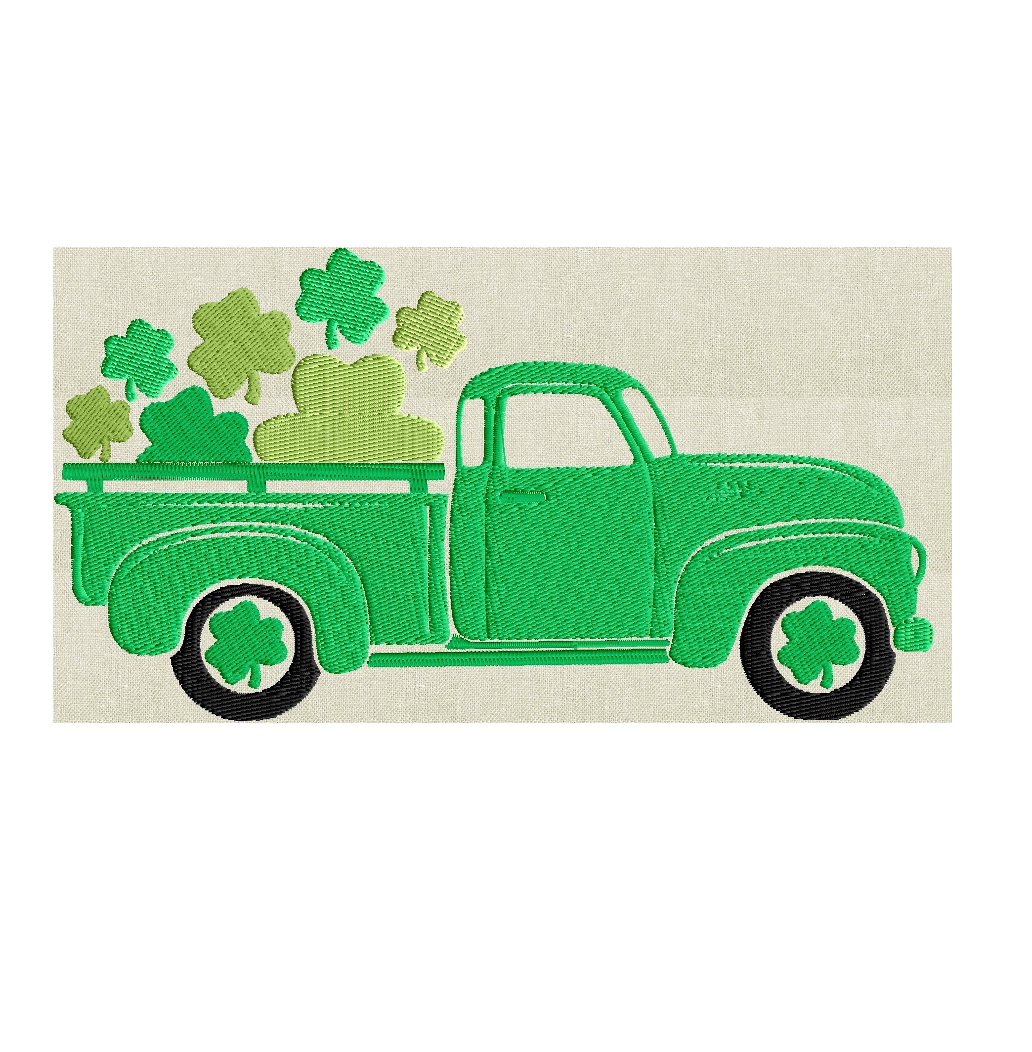 St Patrick's Day Retro Pickup truck Shamrocks - EMBROIDERY DESIGN file - Instant download - Hus Exp Jef Vp3 Pes Dst 2 sizes 3 colors