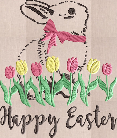 Bunny - Happy Easter w Bunny and Tulips - Embroidery Design Embroidery DESIGN FILE Instant download 2 sizes and 4 colors - Hus Dst Jef Pes Exp Vp3