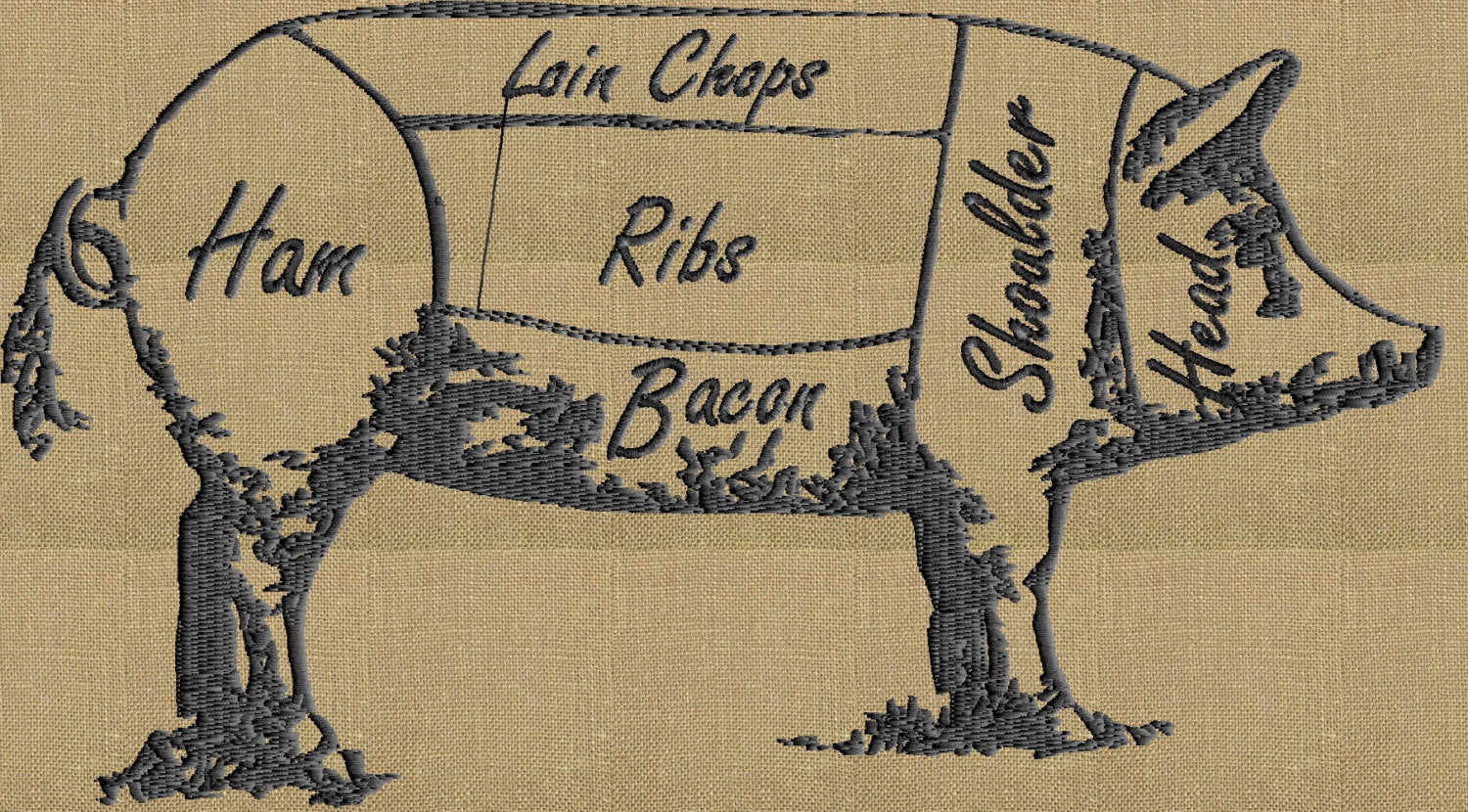 Butcher Chart Pig swine Bacon Embroidery Design Embroidery Design File 1 color and 2 sizes.