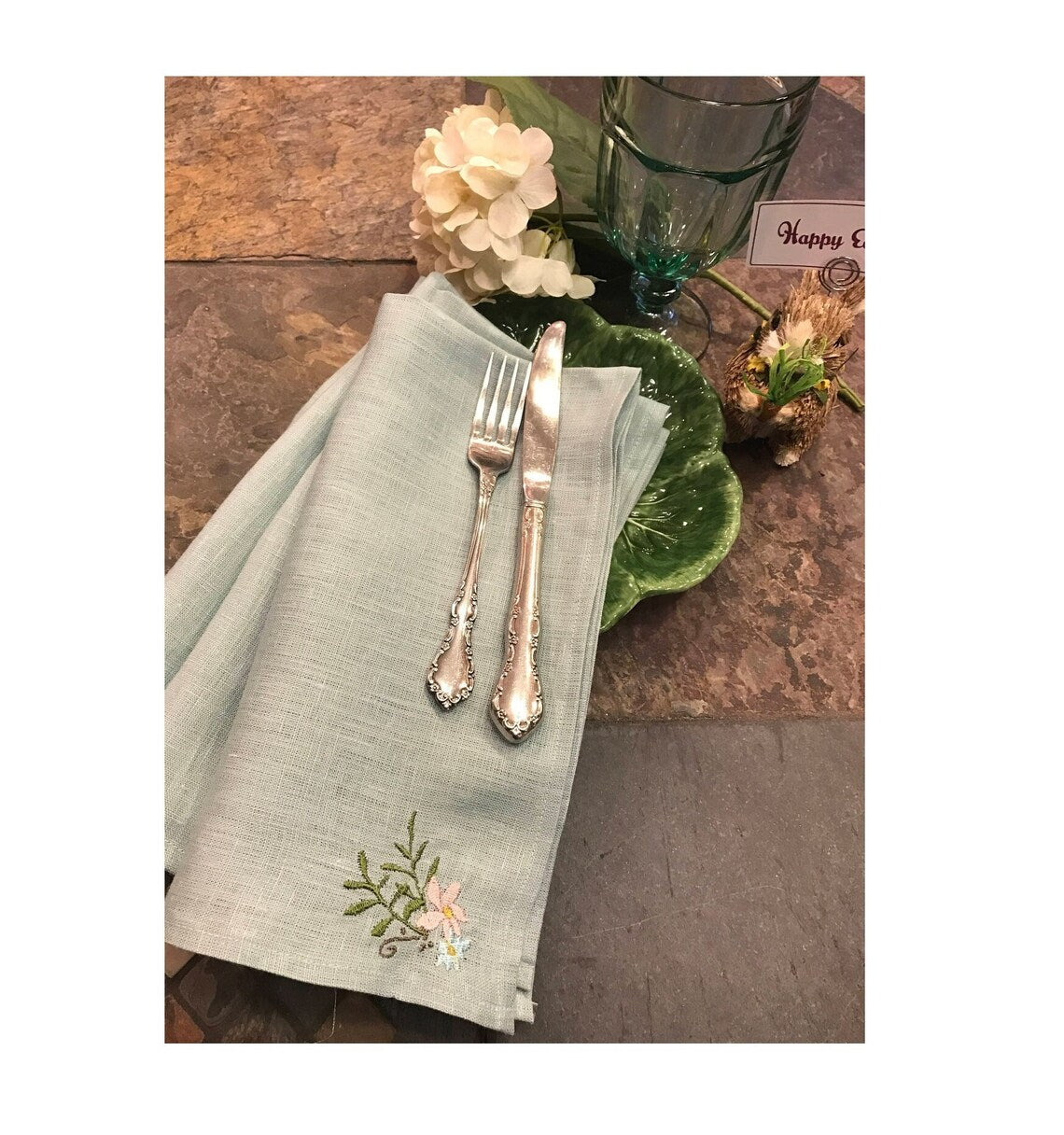 Robins Egg Aqua Blue Linen Napkins - set of 4 - pure linen - embroidered - Thanksgiving - Easter CUSTOM Monogram available