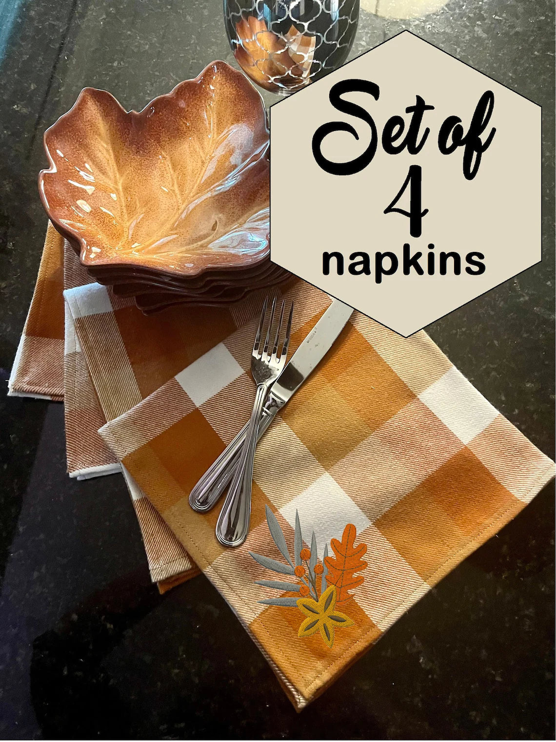 Pumpkin Spice Embroidered Orange Buffalo Check Plaid Napkins - set of 4 Premium Brushed Cotton - Fall Thanksgiving CUSTOM Monogram available