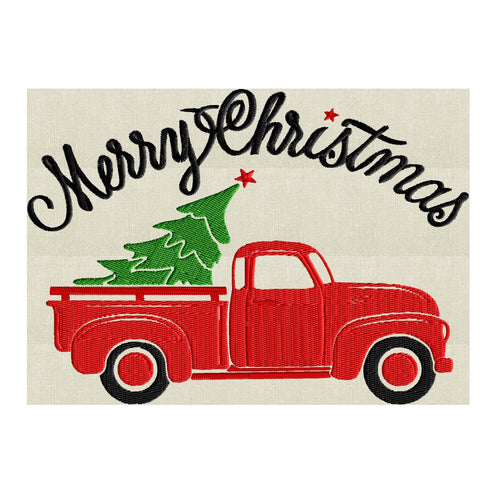 Retro Pickup truck with Christmas Tree "Merry Christmas" - EMBROIDERY DESIGN file - Instant download - Hus Exp Jef Vp3 Pes Dst - 2 sizes