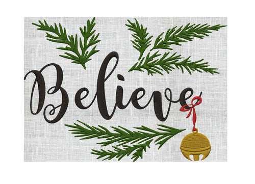 Christmas Quote  "Believe" w Jingle Bell EMBROIDERY DESIGN FILE Instant download - 5x7 & 4x4 frames Exp Xp3 Dst Hus Jef Pes - in 4 colors