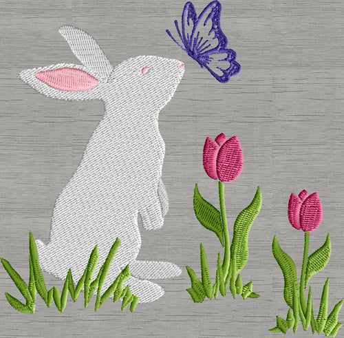 Bunny with Butterfly in tulips - Easter - Embroidery DESIGN FILE Instant download - 2 sizes 5 colors Hus Dst Jef Pes Exp Vp3 formats