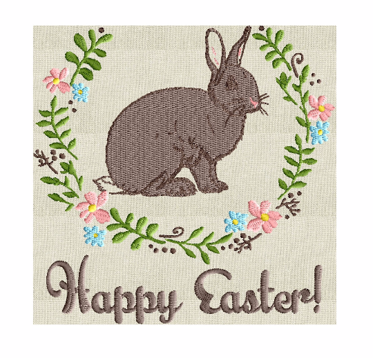 Happy Easter w Bunny and wreath - Embroidery Design Embroidery DESIGN FILE Instant download 2 sizes and 6 colors - Hus Dst Jef Pes Exp Vp3