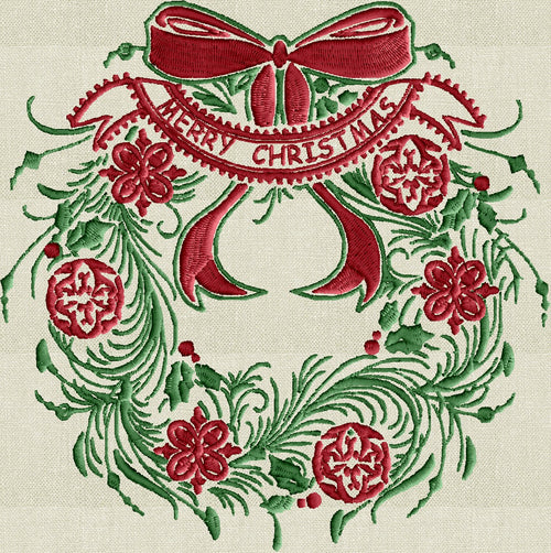 Feather Wreath Bow "Merry Christmas" - EMBROIDERY DESIGN FILE- Instant download - Hus Exp Jef Vp3 Pes Dst - Winter Christmas Holiday