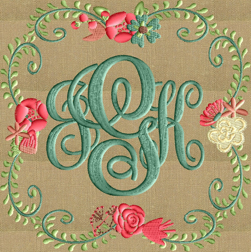 Floral Square Font Frame Monogram Embroidery Design
