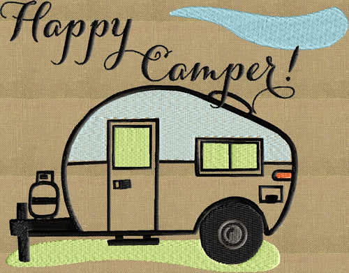 A Happy Camper Trailer Embroidery Design - EMBROIDERY DESIGN FILE - fun stuff
