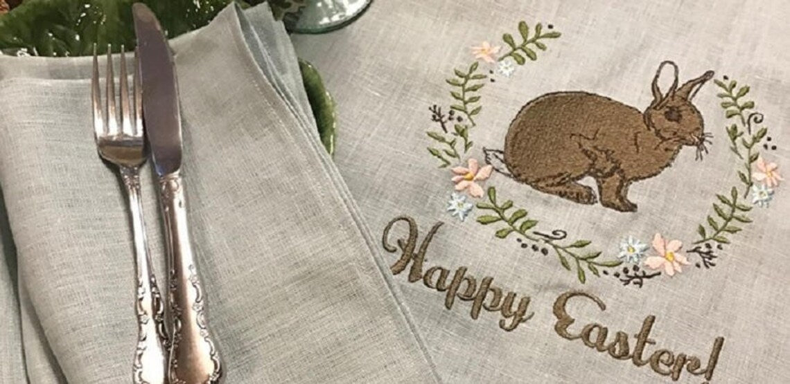 Linen Easter Table Runner - Rabbit Bunny in wreath of spring flowers - Embroidered on fine Aqua Robins Egg Blue linen - 12" x 60"