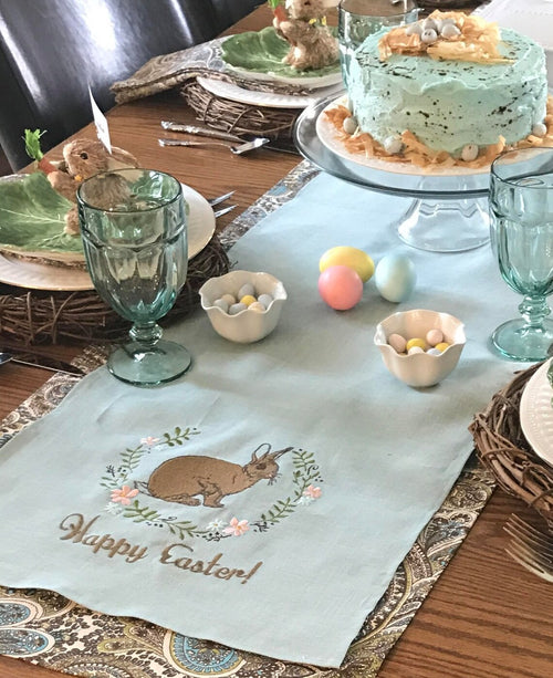Linen Easter Table Runner - Rabbit Bunny in wreath of spring flowers - Embroidered on fine Aqua Robins Egg Blue linen - 12" x 60"