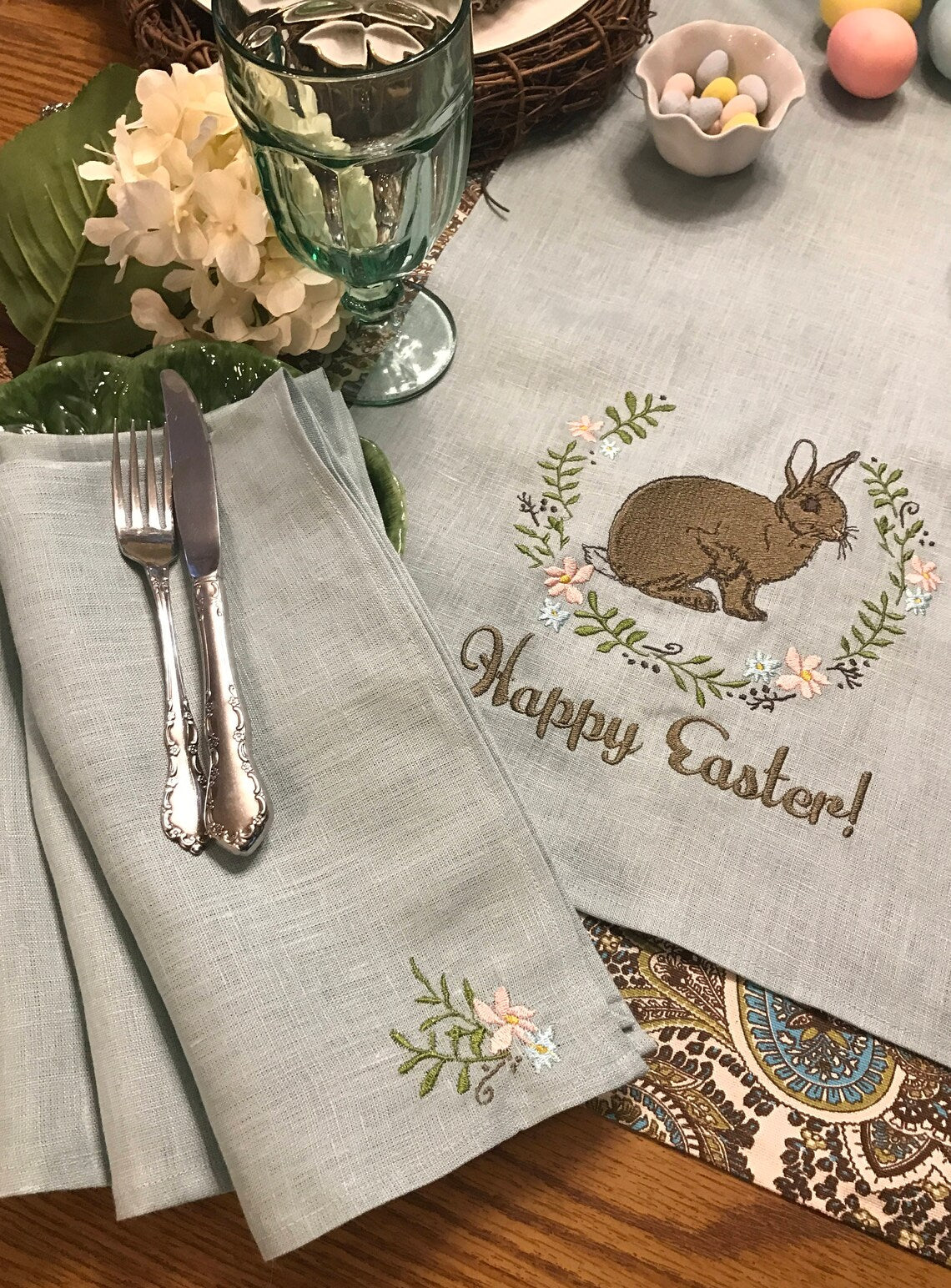 Linen Easter Table Runner - Rabbit Bunny in wreath of spring flowers - Embroidered on fine Aqua Robins Egg Blue linen - 12" x 60"