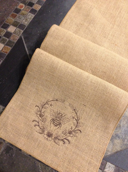 Embroidered Bumble Bee Wreath - Embroidered - Burlap Table Runner - Spring Bumble Bee Nature