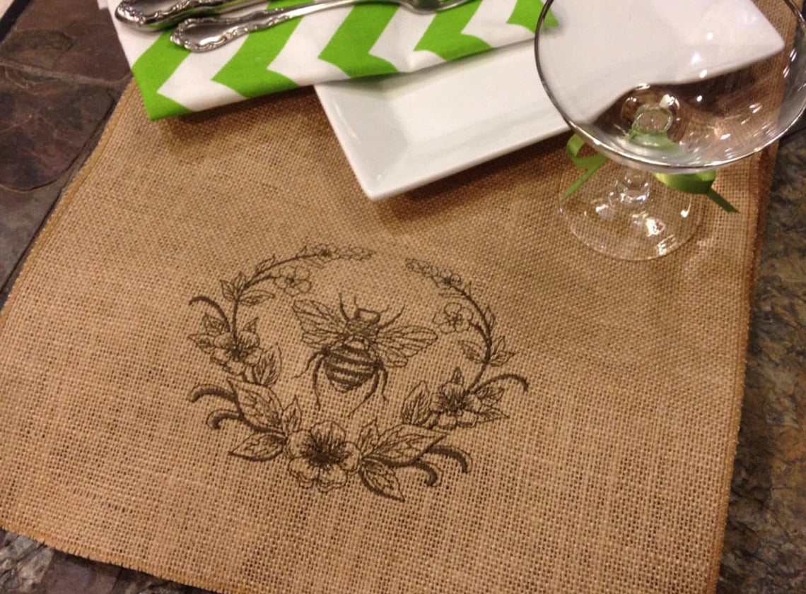 Embroidered Bumble Bee Wreath - Embroidered - Burlap Table Runner - Spring Bumble Bee Nature