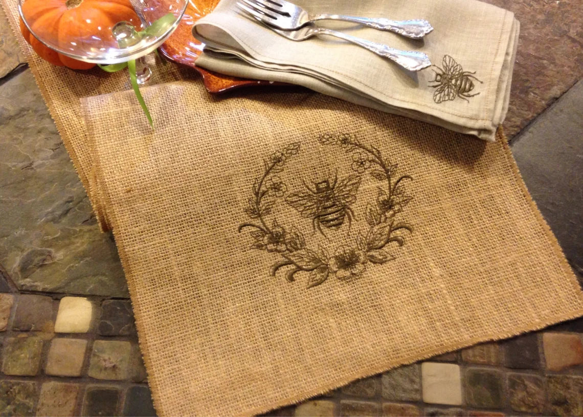Embroidered Bumble Bee Wreath - Embroidered - Burlap Table Runner - Spring Bumble Bee Nature