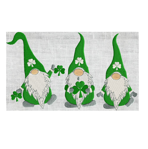 3 St Patrick's Day Gnomes w Shamrocks - retro EMBROIDERY DESIGN FILE- Instant download Hus Exp Jef Vp3 Pes Dst - 2 sizes - 7 color Leprachan