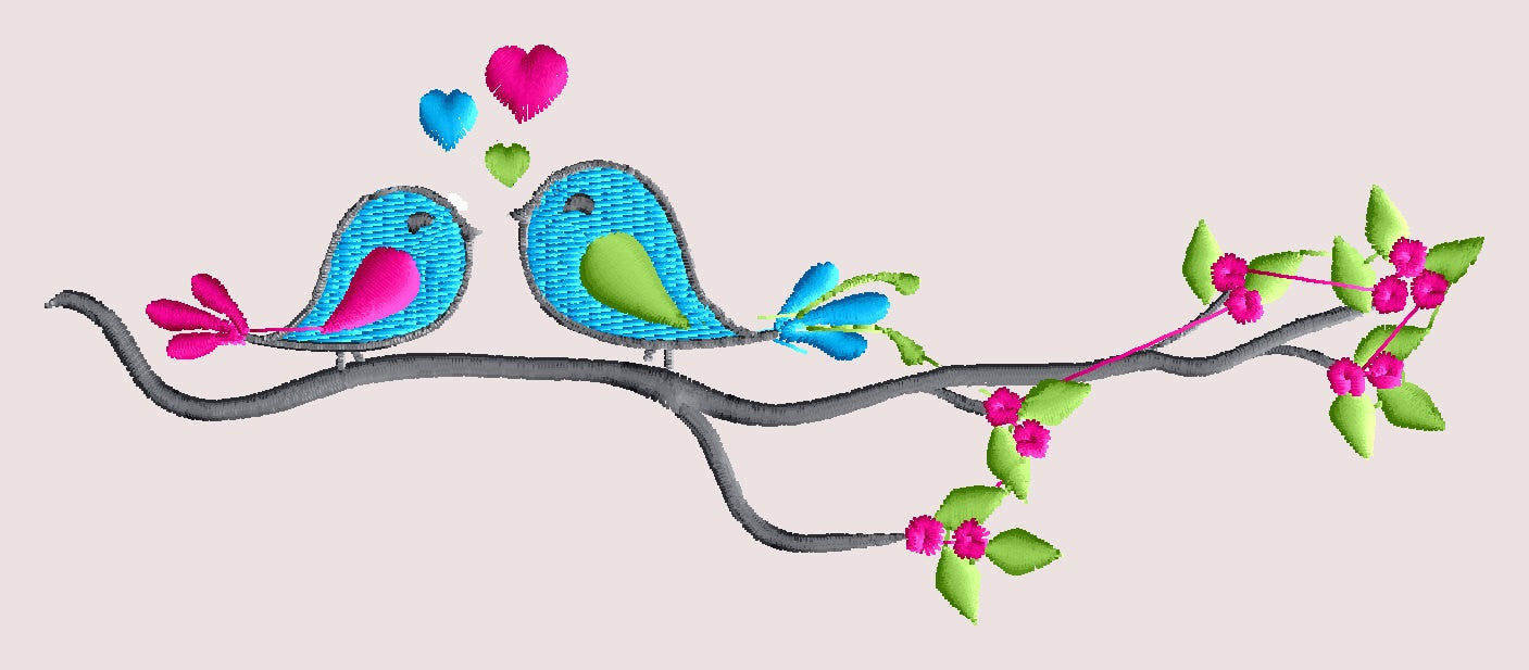 Lovebirds flowers branch spring Design - Valentines day Heart and love - EMBROIDERY DESIGN FILE - Instant download - Dst Hus Jef Pes formats
