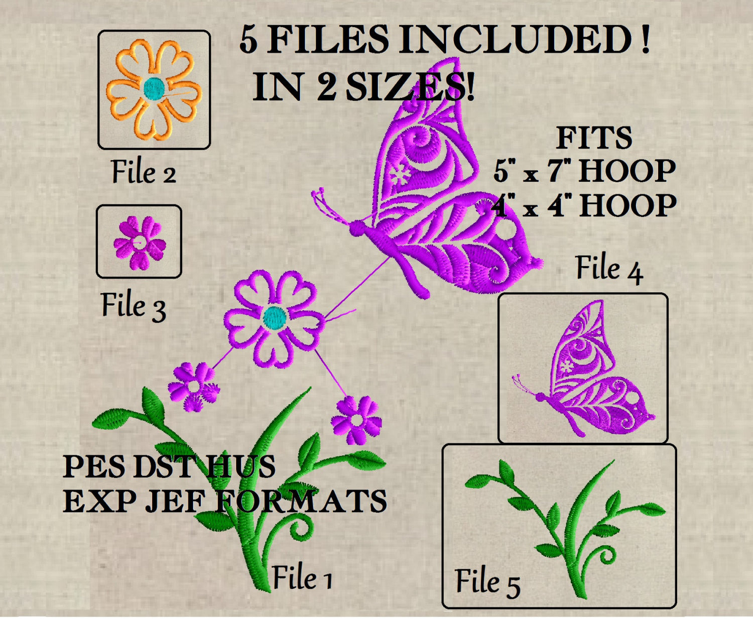 Butterfly Flowers Design - 2 sizes - Great Bundle -Parts & Together - EMBROIDERY DESIGN FILE - Instant download - Dst Hus Jef Pes Exp format