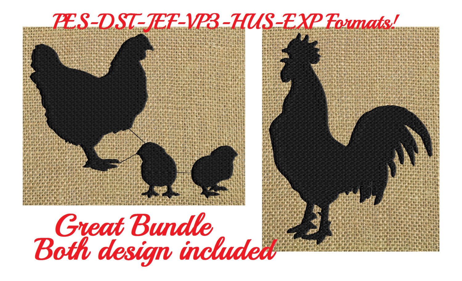 Hen Rooster & baby chicks Silhouette - Embroidery Design Embroidery DESIGN FILE bundle - animals