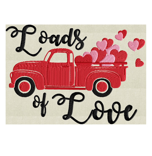 Valentines Retro Pickup truck Hearts "Loads of Love" - EMBROIDERY DESIGN file - Instant download - Hus Exp Jef Vp3 Pes Dst 2 sizes 3 colors