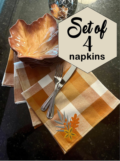 Pumpkin Spice Embroidered Orange Buffalo Check Plaid Napkins - set of 4 Premium Brushed Cotton - Fall Thanksgiving CUSTOM Monogram available