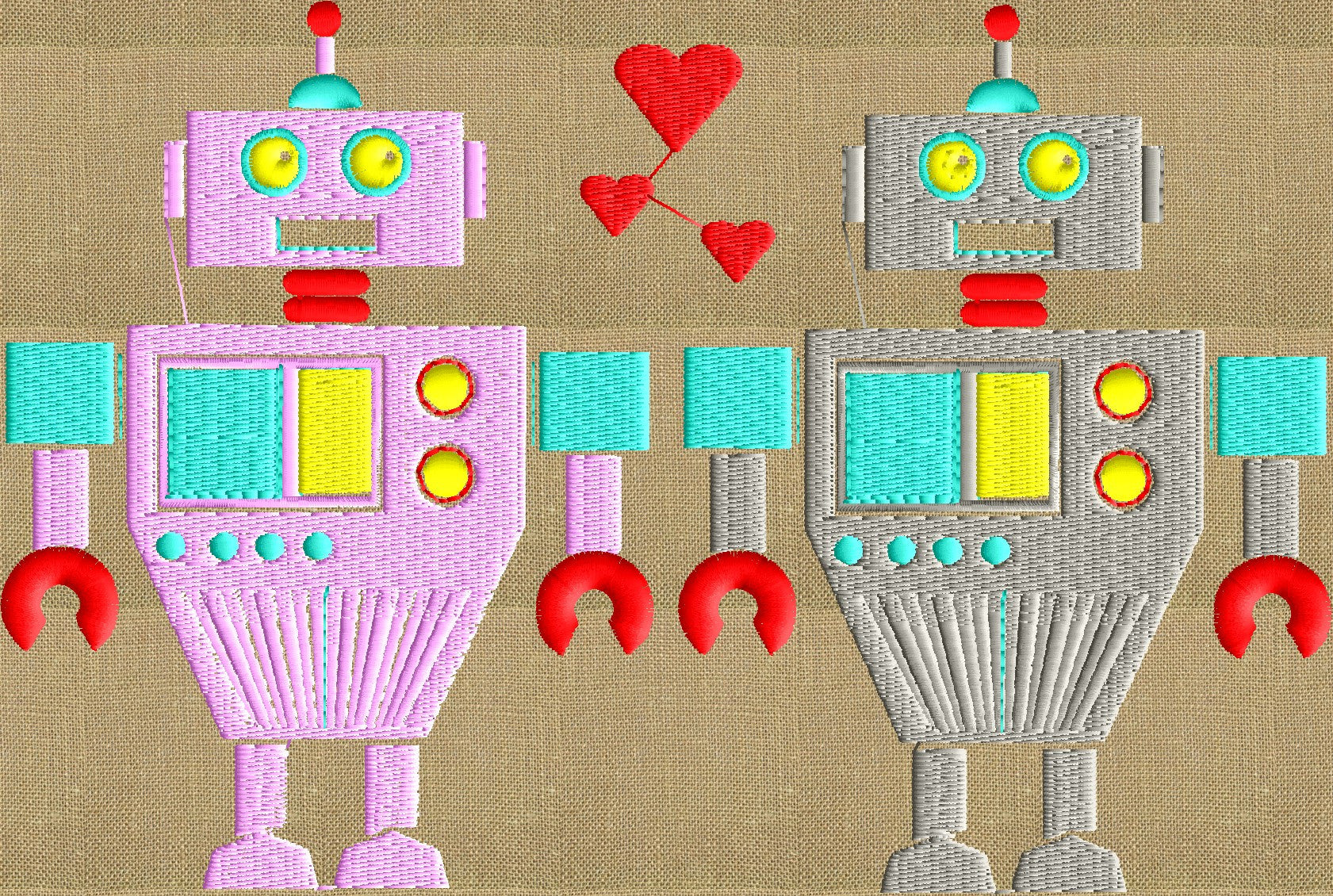 Robot Love - Valentines Day themed - EMBROIDERY DESIGN FILE- Instant download - Exp Jef Vp3 Pes Dst formats - 5x7 hoops and larger
