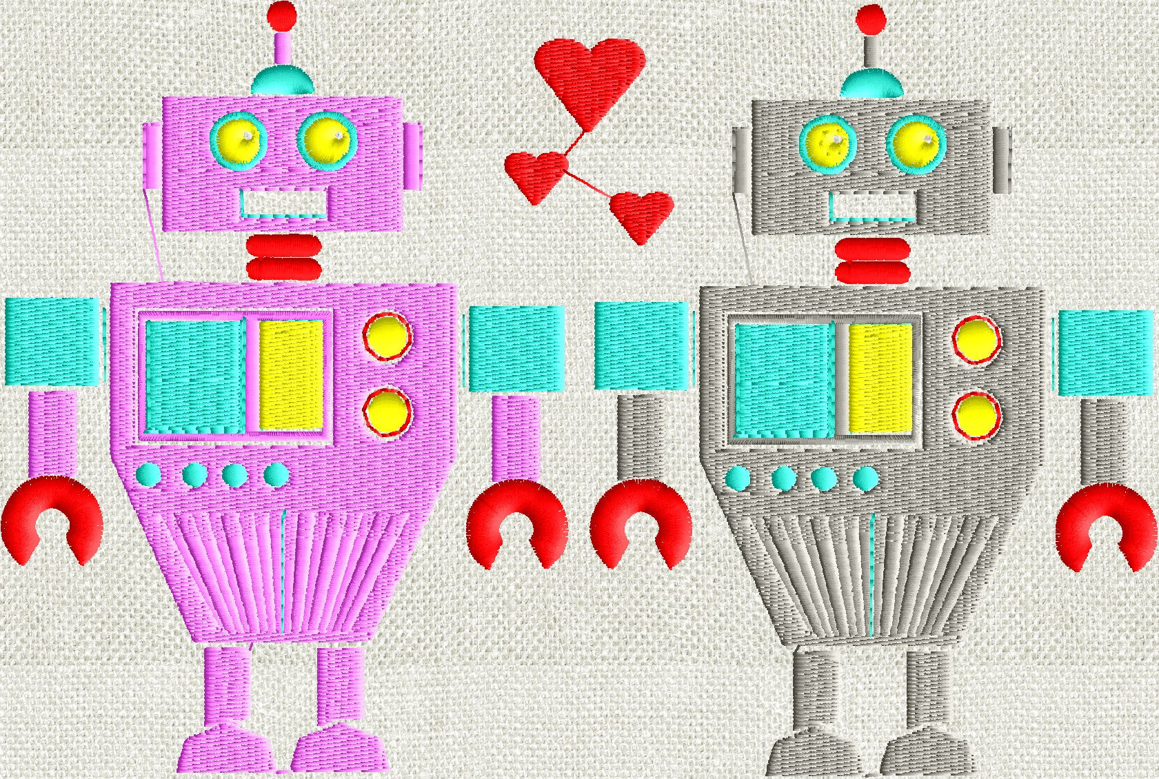 Robot Love - Valentines Day themed - EMBROIDERY DESIGN FILE- Instant download - Exp Jef Vp3 Pes Dst formats - 5x7 hoops and larger